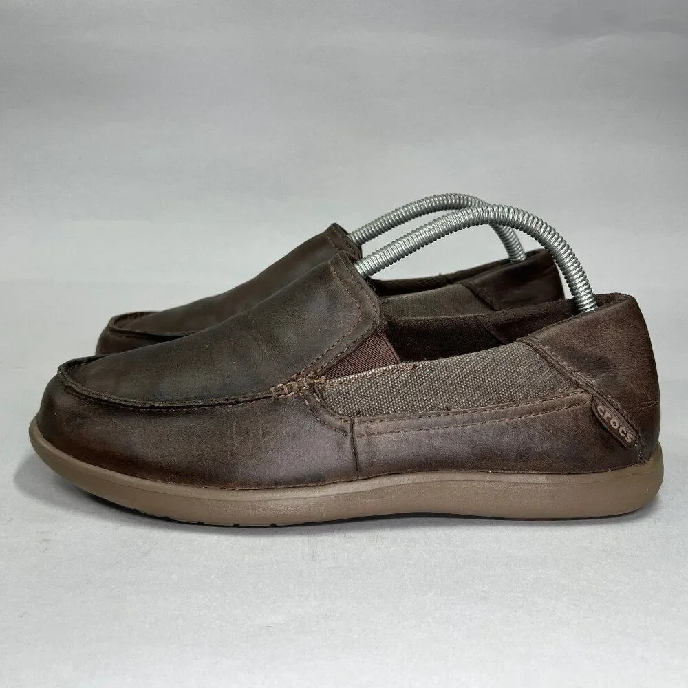 Crocs Santa Cruz‎ 2 Luxe Shoes Men's Size 8 Brown Leather Slip On Loafers